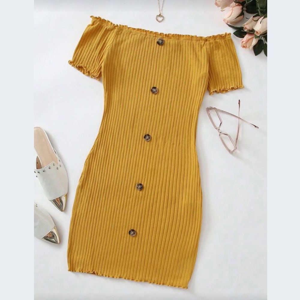 Shein Mustard Off-Shoulder Button Dress